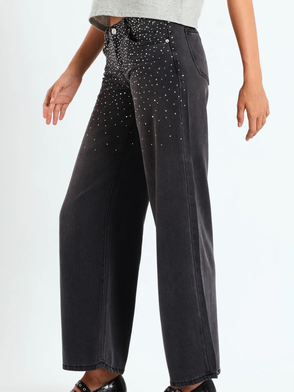 Forever 21 Black Rhinestone-Embellished Wide Leg Jeans Sz 25 - Picture 2 of 7